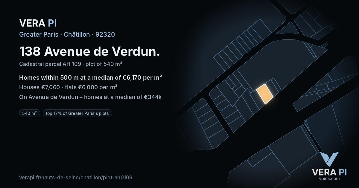 138 Avenue de Verdun, Châtillon at night – the plot lit, the parcels around coloured by the prices near them