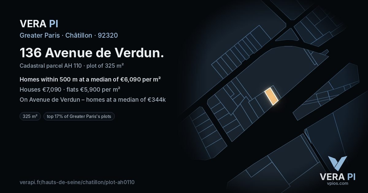 136 Avenue de Verdun, Châtillon at night – the plot lit, the parcels around coloured by the prices near them