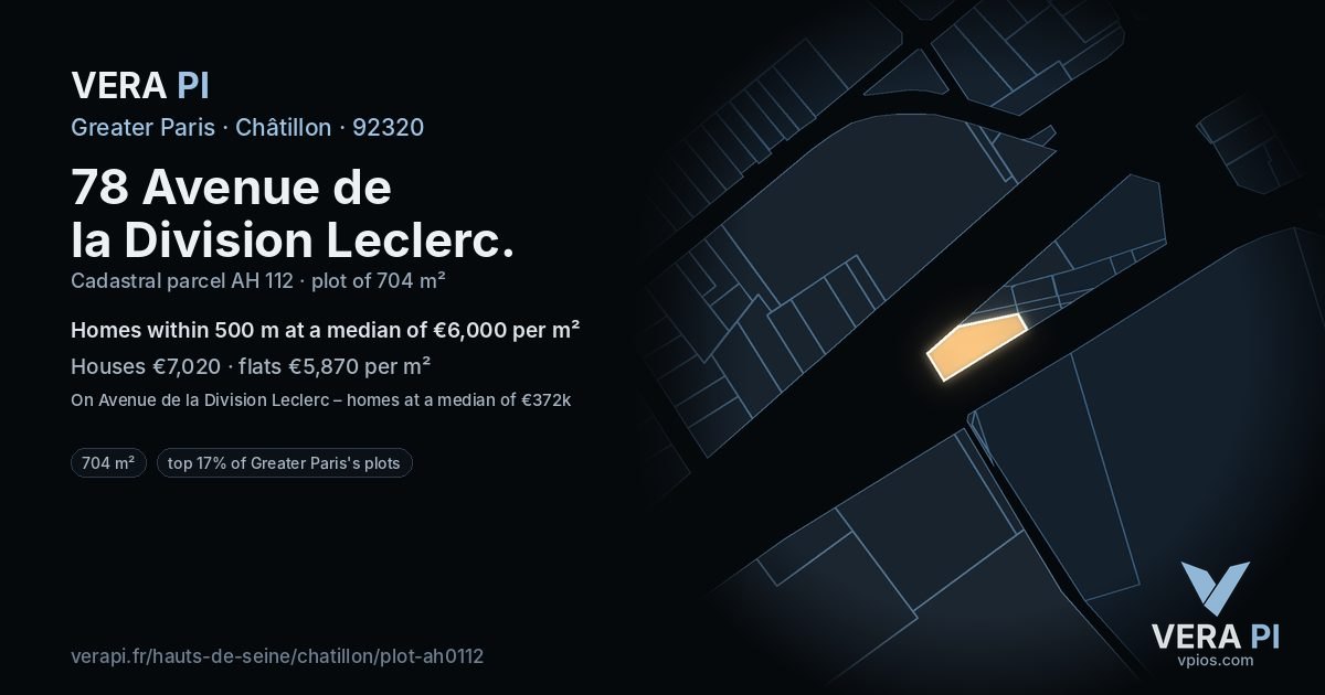 78 Avenue de la Division Leclerc, Châtillon at night – the plot lit, the parcels around coloured by the prices near them