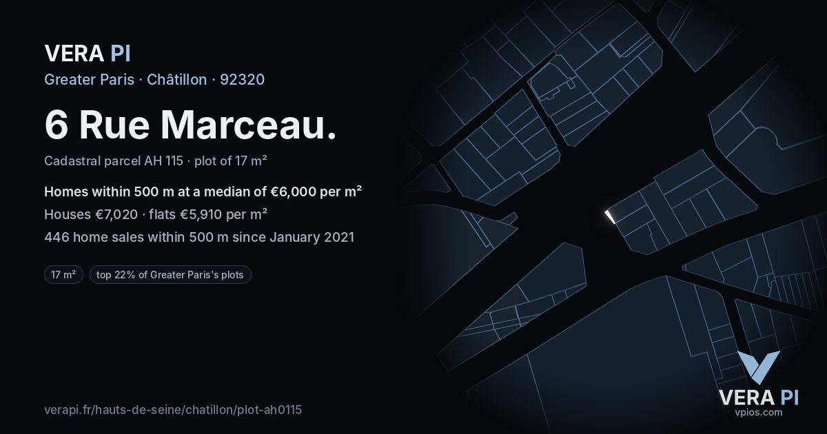 6 Rue Marceau, Châtillon at night – the plot lit, the parcels around coloured by the prices near them