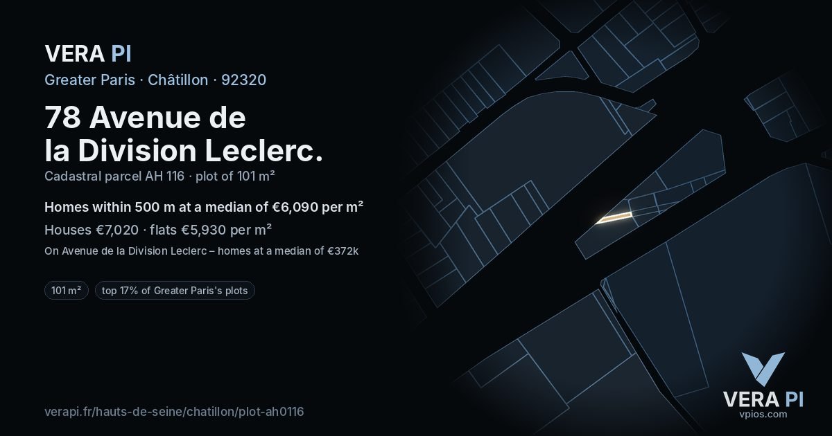78 Avenue de la Division Leclerc, Châtillon at night – the plot lit, the parcels around coloured by the prices near them