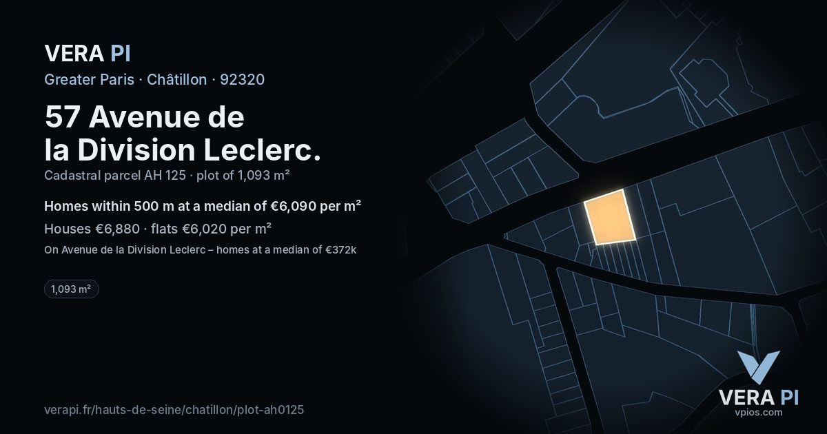 57 Avenue de la Division Leclerc, Châtillon at night – the plot lit, the parcels around coloured by the prices near them