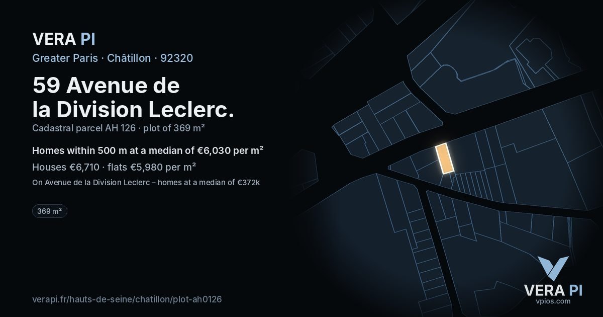 59 Avenue de la Division Leclerc, Châtillon at night – the plot lit, the parcels around coloured by the prices near them