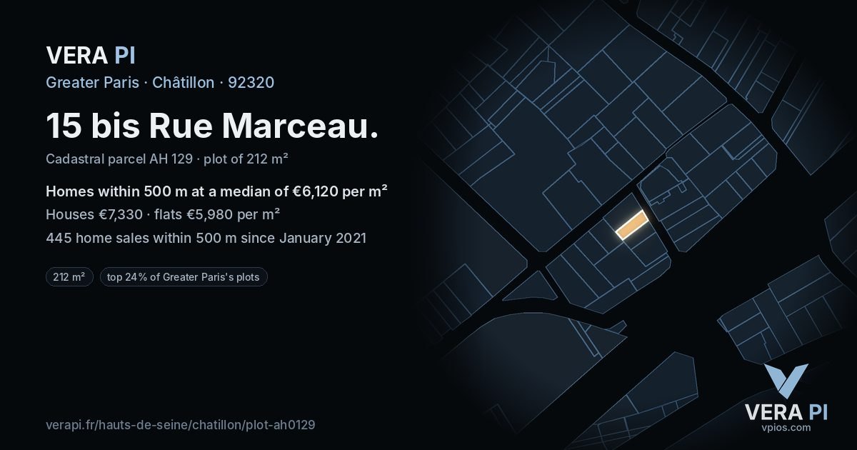 15 bis Rue Marceau, Châtillon at night – the plot lit, the parcels around coloured by the prices near them