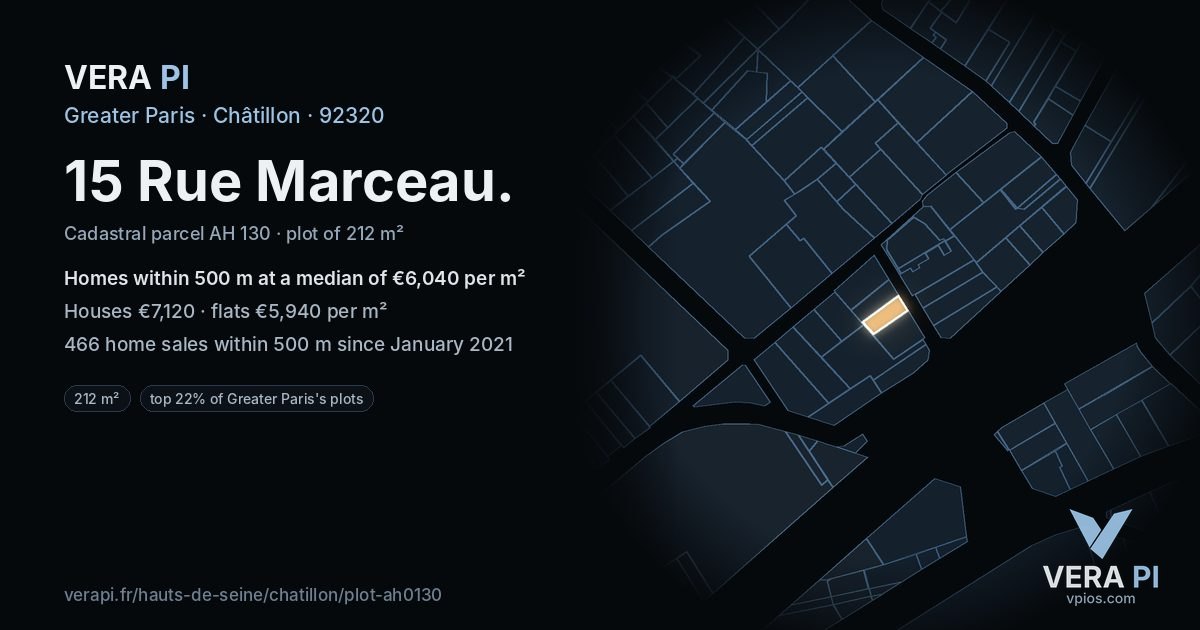 15 Rue Marceau, Châtillon at night – the plot lit, the parcels around coloured by the prices near them