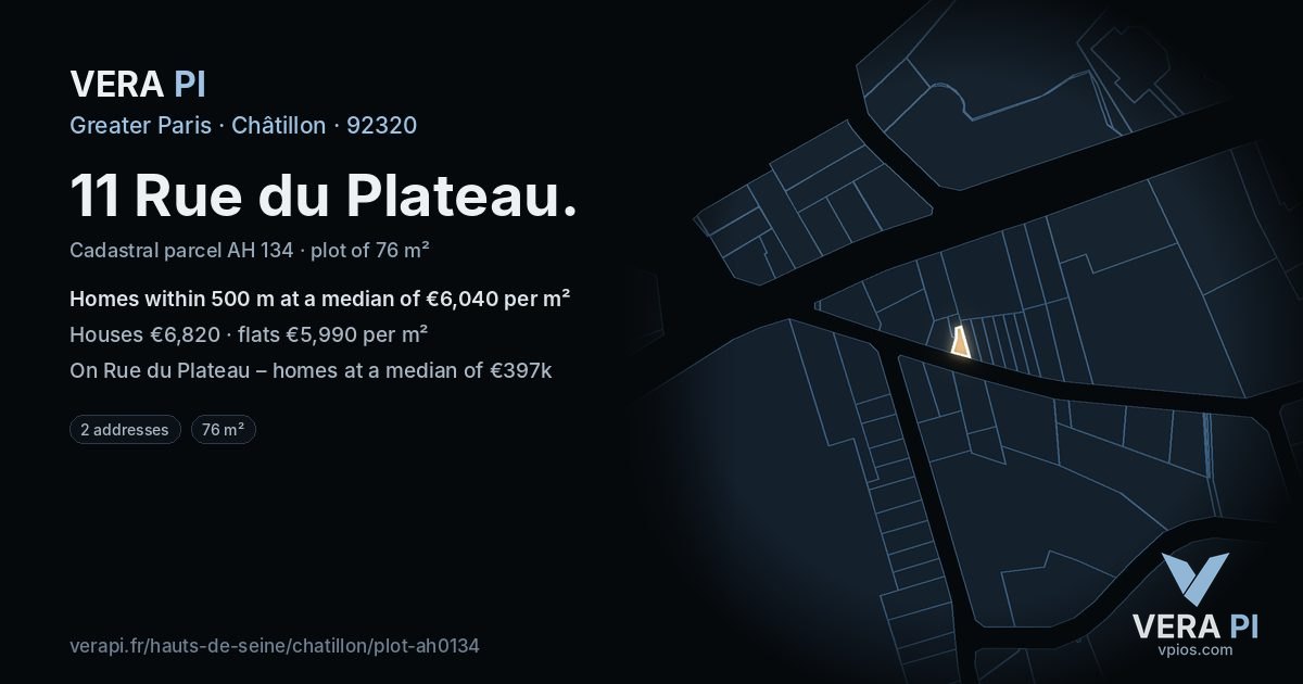 11 Rue du Plateau, Châtillon at night – the plot lit, the parcels around coloured by the prices near them