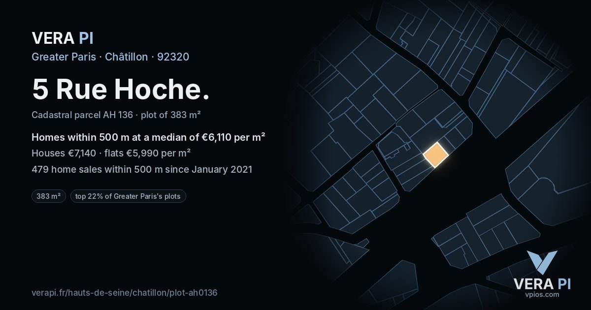 5 Rue Hoche, Châtillon at night – the plot lit, the parcels around coloured by the prices near them