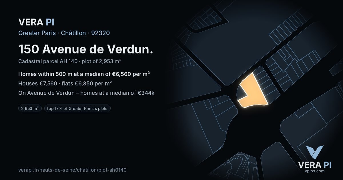 150 Avenue de Verdun, Châtillon at night – the plot lit, the parcels around coloured by the prices near them