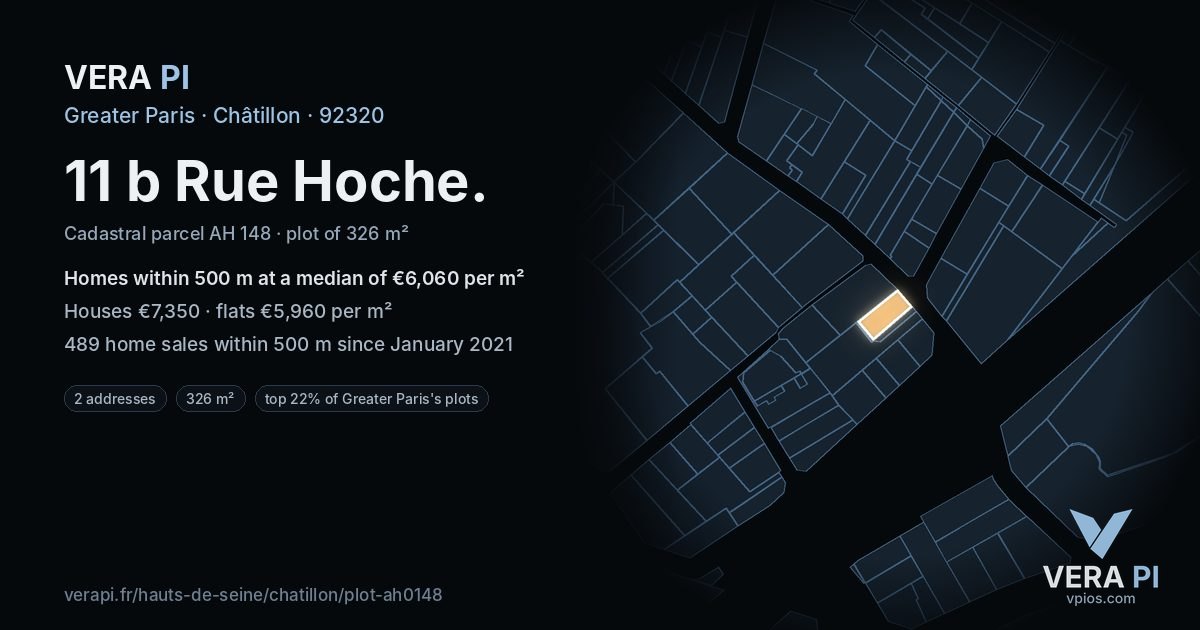 11 b Rue Hoche, Châtillon at night – the plot lit, the parcels around coloured by the prices near them