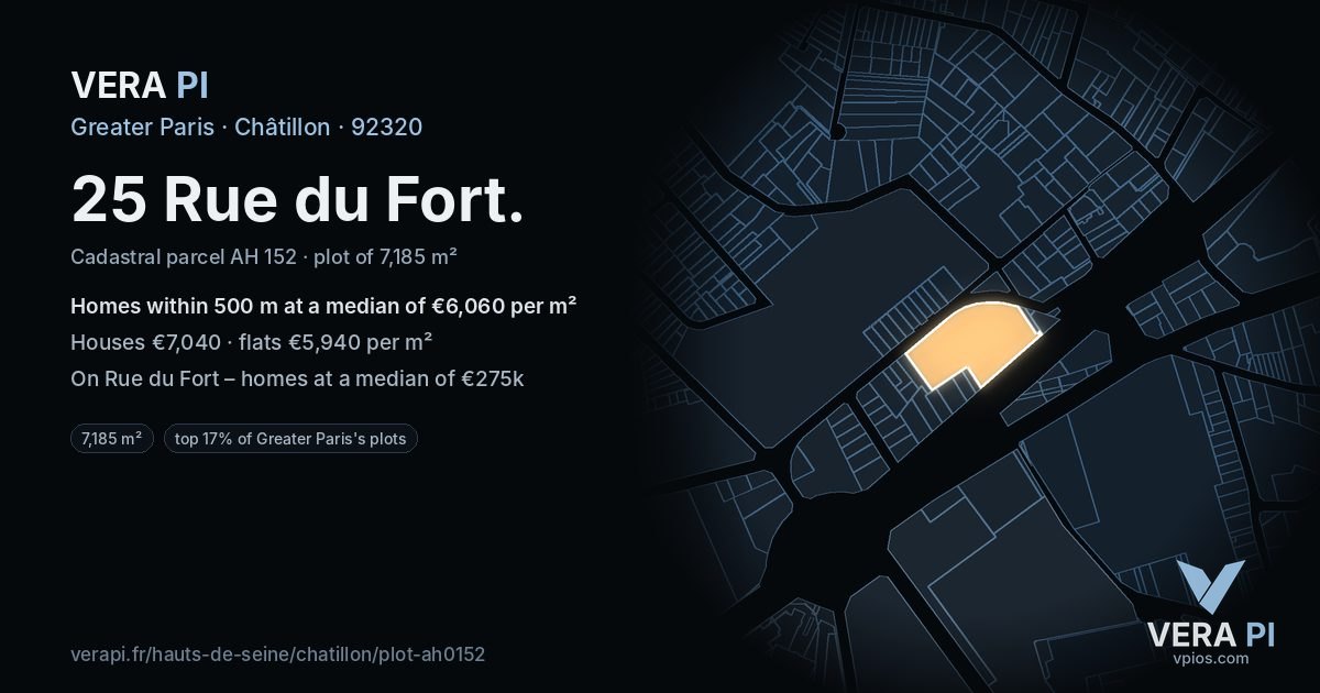 25 Rue du Fort, Châtillon at night – the plot lit, the parcels around coloured by the prices near them