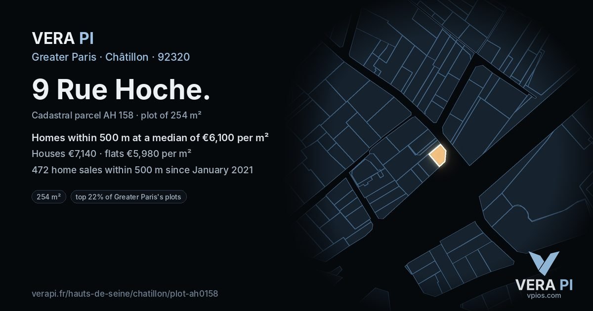 9 Rue Hoche, Châtillon at night – the plot lit, the parcels around coloured by the prices near them