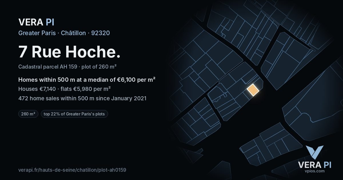 7 Rue Hoche, Châtillon at night – the plot lit, the parcels around coloured by the prices near them