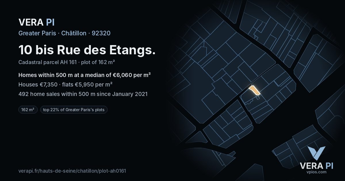 10 bis Rue des Etangs, Châtillon at night – the plot lit, the parcels around coloured by the prices near them