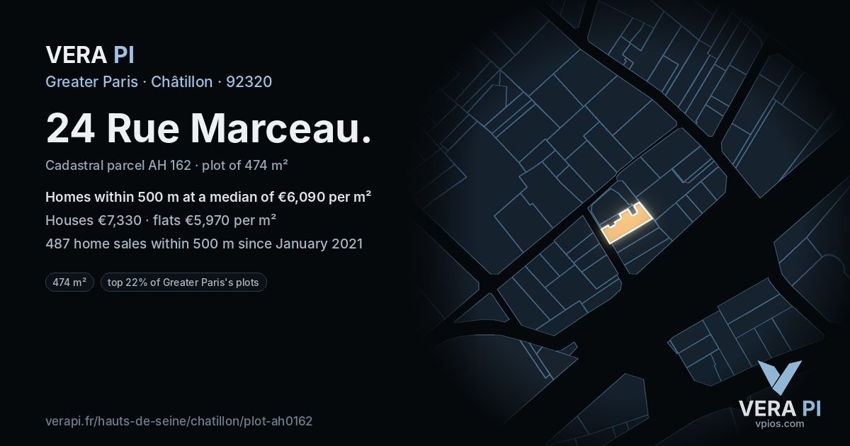 24 Rue Marceau, Châtillon at night – the plot lit, the parcels around coloured by the prices near them