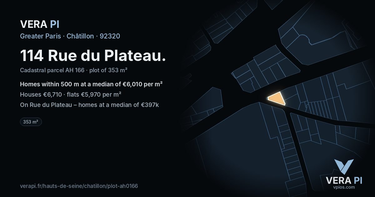 114 Rue du Plateau, Châtillon at night – the plot lit, the parcels around coloured by the prices near them