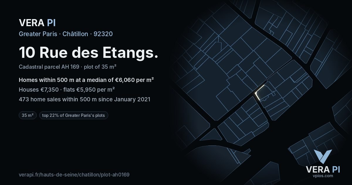 10 Rue des Etangs, Châtillon at night – the plot lit, the parcels around coloured by the prices near them