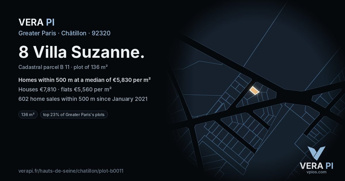 8 Villa Suzanne, Châtillon at night – the plot lit, the parcels around coloured by the prices near them