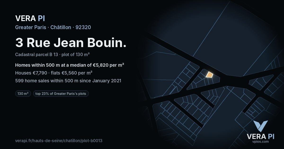 3 Rue Jean Bouin, Châtillon at night – the plot lit, the parcels around coloured by the prices near them