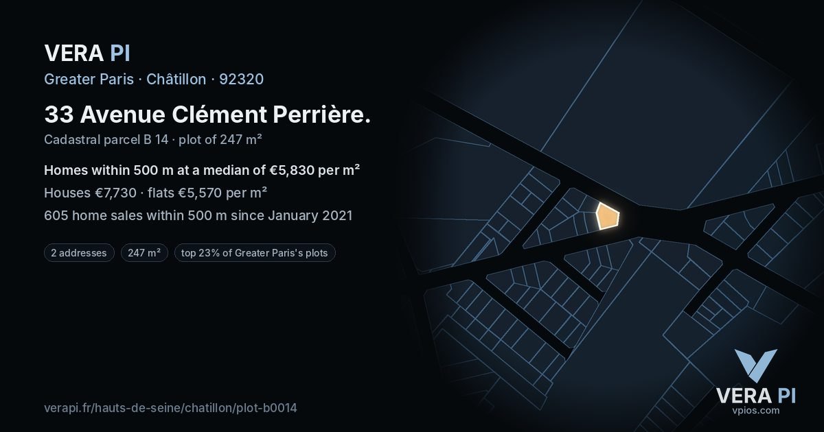 33 Avenue Clément Perrière, Châtillon at night – the plot lit, the parcels around coloured by the prices near them