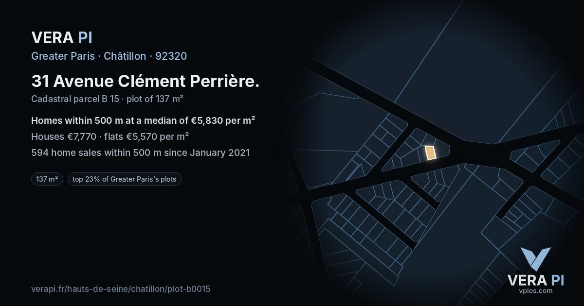 31 Avenue Clément Perrière, Châtillon at night – the plot lit, the parcels around coloured by the prices near them