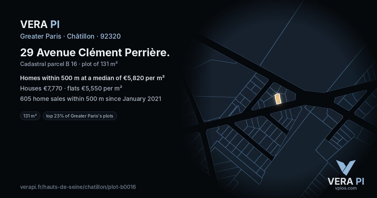29 Avenue Clément Perrière, Châtillon at night – the plot lit, the parcels around coloured by the prices near them