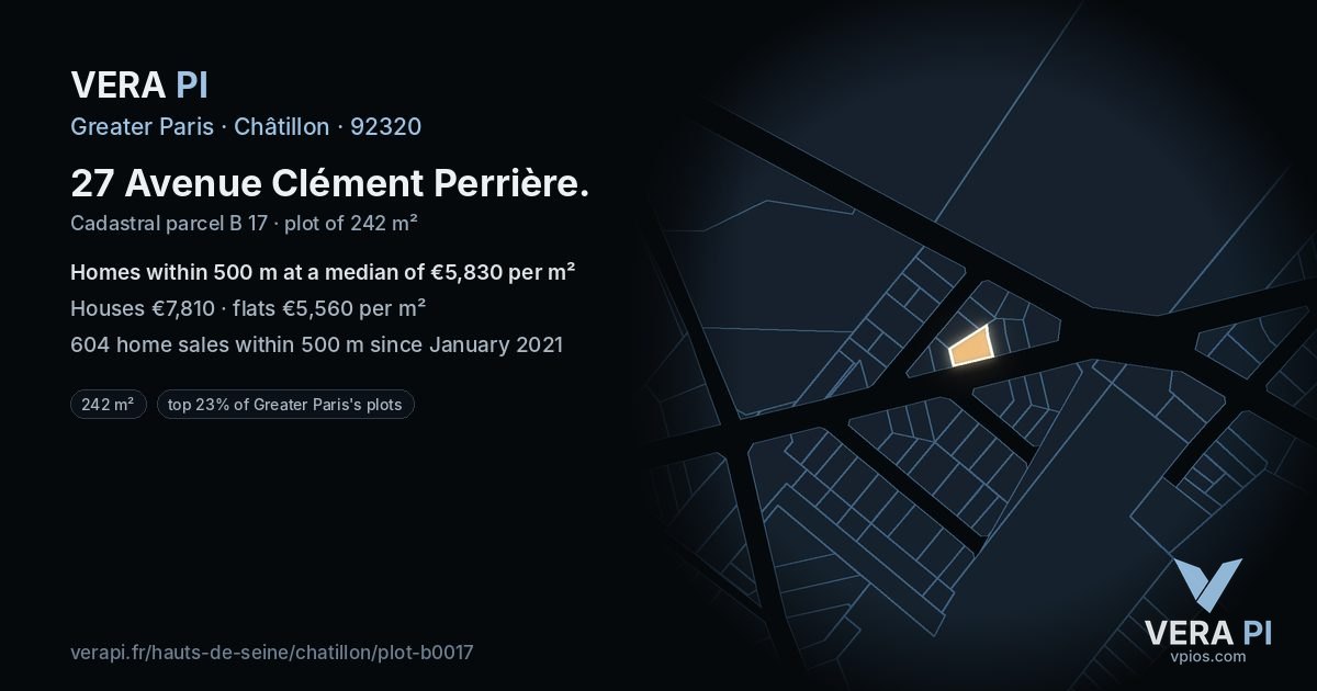 27 Avenue Clément Perrière, Châtillon at night – the plot lit, the parcels around coloured by the prices near them