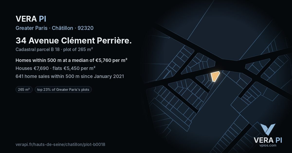 34 Avenue Clément Perrière, Châtillon at night – the plot lit, the parcels around coloured by the prices near them