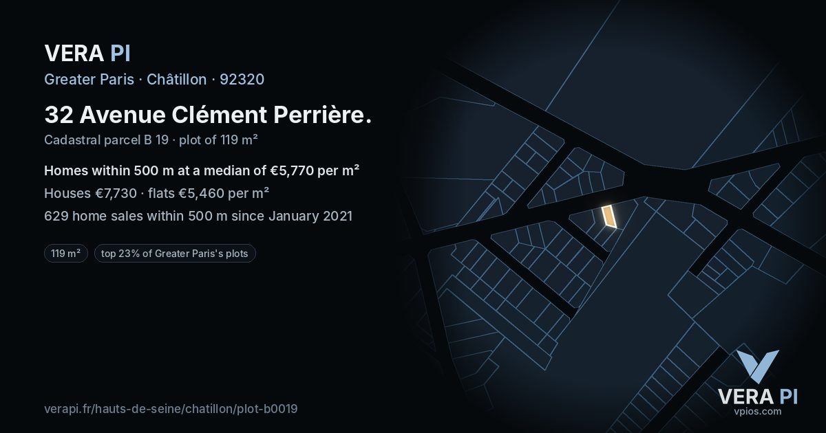 32 Avenue Clément Perrière, Châtillon at night – the plot lit, the parcels around coloured by the prices near them