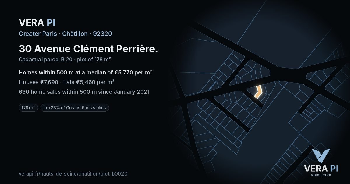 30 Avenue Clément Perrière, Châtillon at night – the plot lit, the parcels around coloured by the prices near them