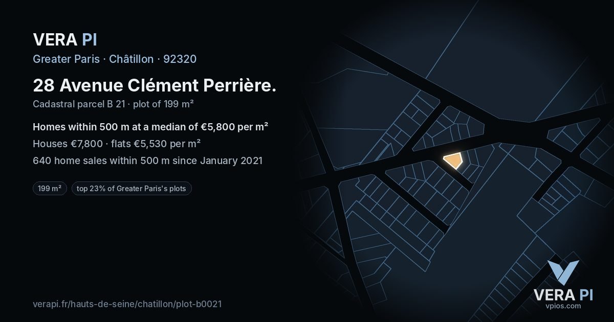 28 Avenue Clément Perrière, Châtillon at night – the plot lit, the parcels around coloured by the prices near them