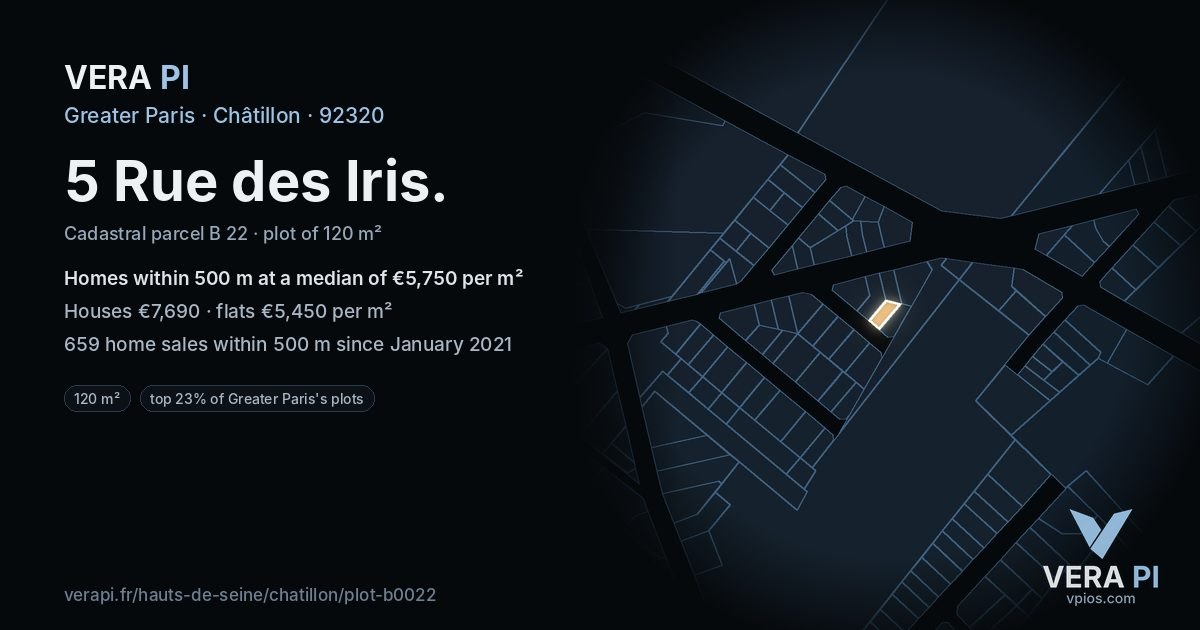 5 Rue des Iris, Châtillon at night – the plot lit, the parcels around coloured by the prices near them