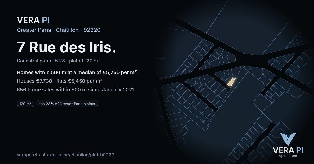 7 Rue des Iris, Châtillon at night – the plot lit, the parcels around coloured by the prices near them