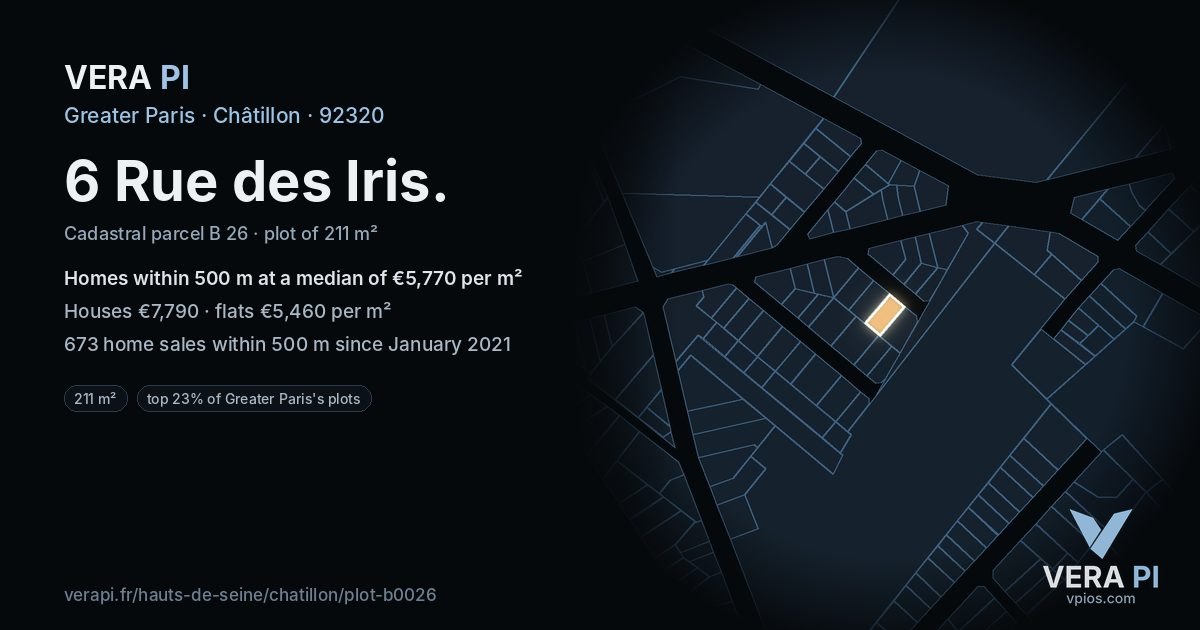 6 Rue des Iris, Châtillon at night – the plot lit, the parcels around coloured by the prices near them