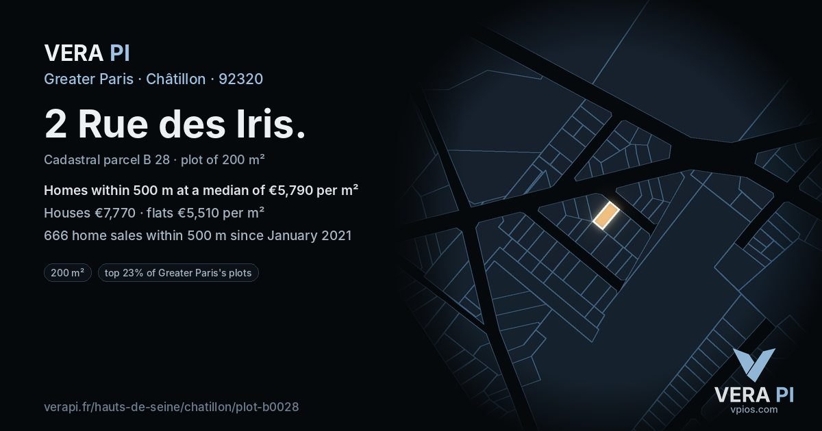 2 Rue des Iris, Châtillon at night – the plot lit, the parcels around coloured by the prices near them