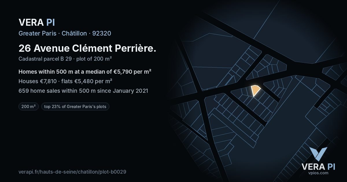 26 Avenue Clément Perrière, Châtillon at night – the plot lit, the parcels around coloured by the prices near them