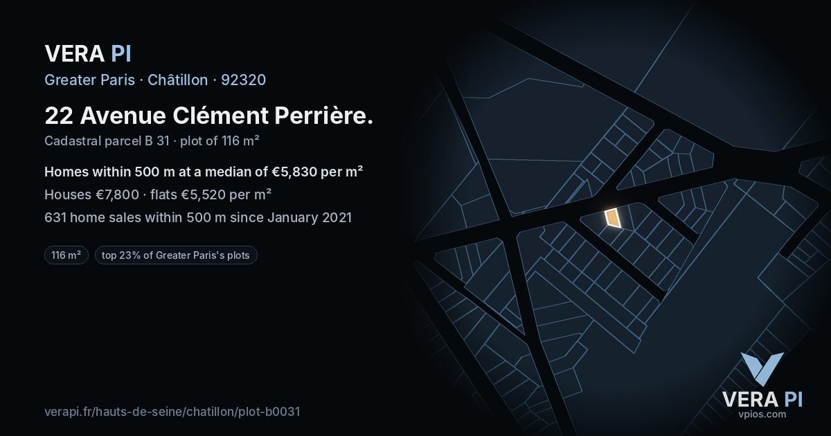 22 Avenue Clément Perrière, Châtillon at night – the plot lit, the parcels around coloured by the prices near them