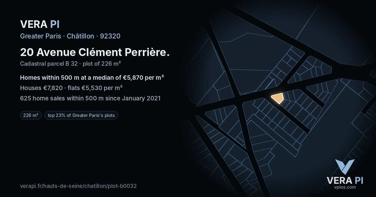 20 Avenue Clément Perrière, Châtillon at night – the plot lit, the parcels around coloured by the prices near them