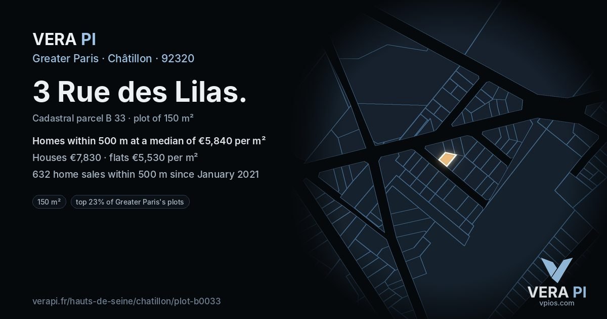 3 Rue des Lilas, Châtillon at night – the plot lit, the parcels around coloured by the prices near them