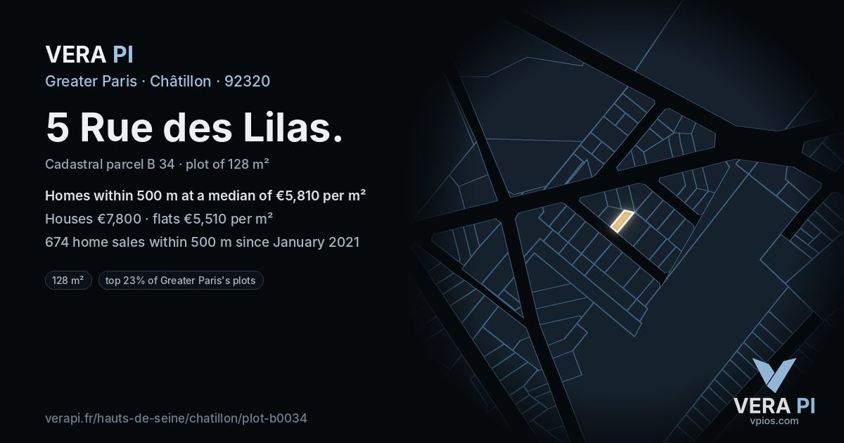 5 Rue des Lilas, Châtillon at night – the plot lit, the parcels around coloured by the prices near them