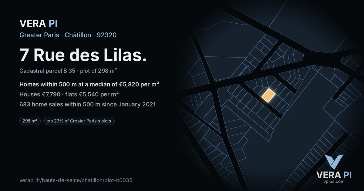 7 Rue des Lilas, Châtillon at night – the plot lit, the parcels around coloured by the prices near them