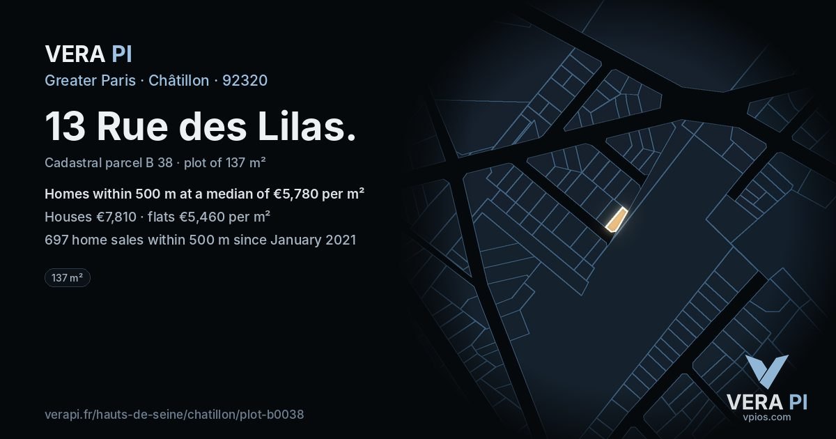 13 Rue des Lilas, Châtillon at night – the plot lit, the parcels around coloured by the prices near them
