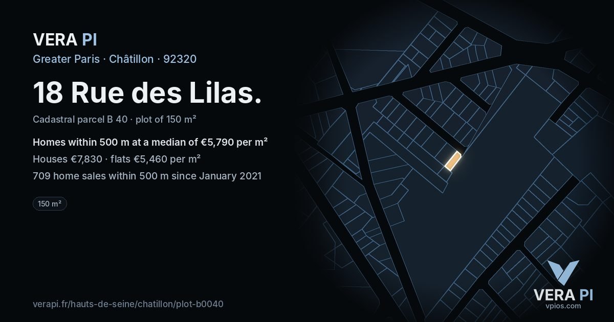 18 Rue des Lilas, Châtillon at night – the plot lit, the parcels around coloured by the prices near them