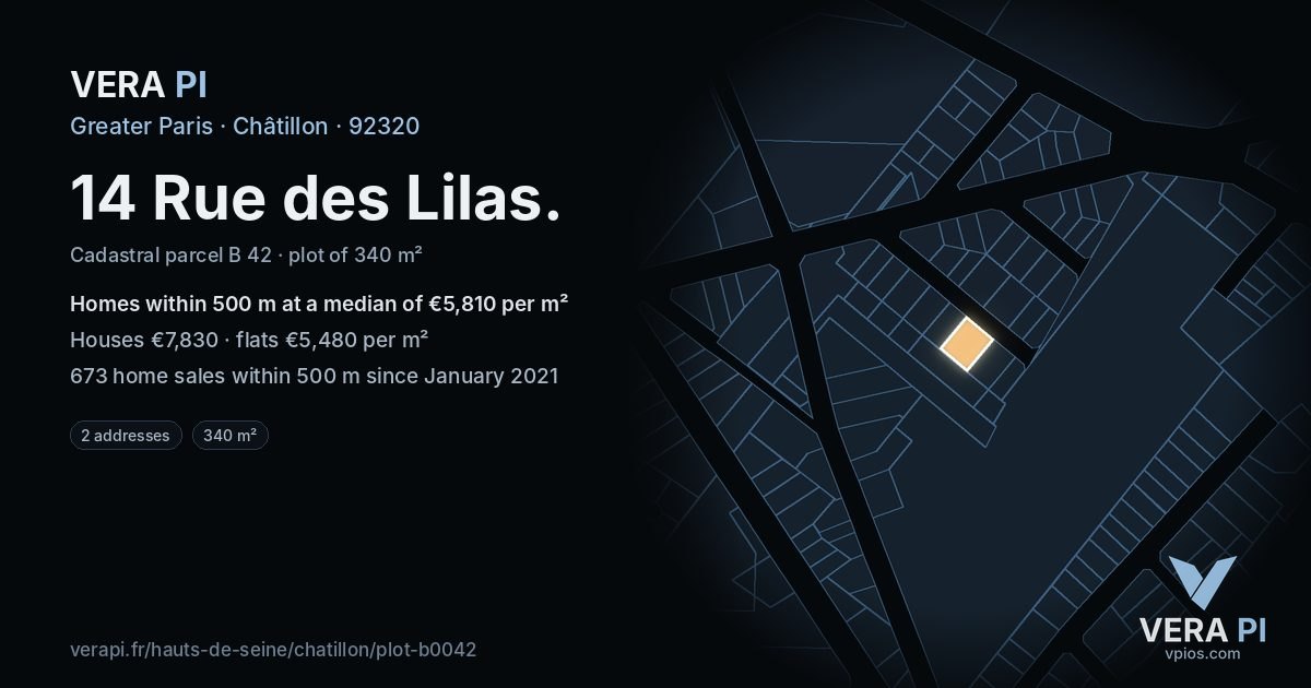 14 Rue des Lilas, Châtillon at night – the plot lit, the parcels around coloured by the prices near them