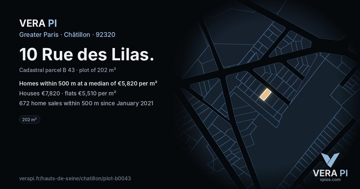 10 Rue des Lilas, Châtillon at night – the plot lit, the parcels around coloured by the prices near them
