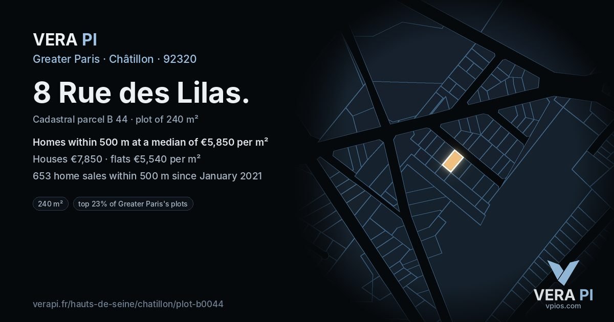 8 Rue des Lilas, Châtillon at night – the plot lit, the parcels around coloured by the prices near them