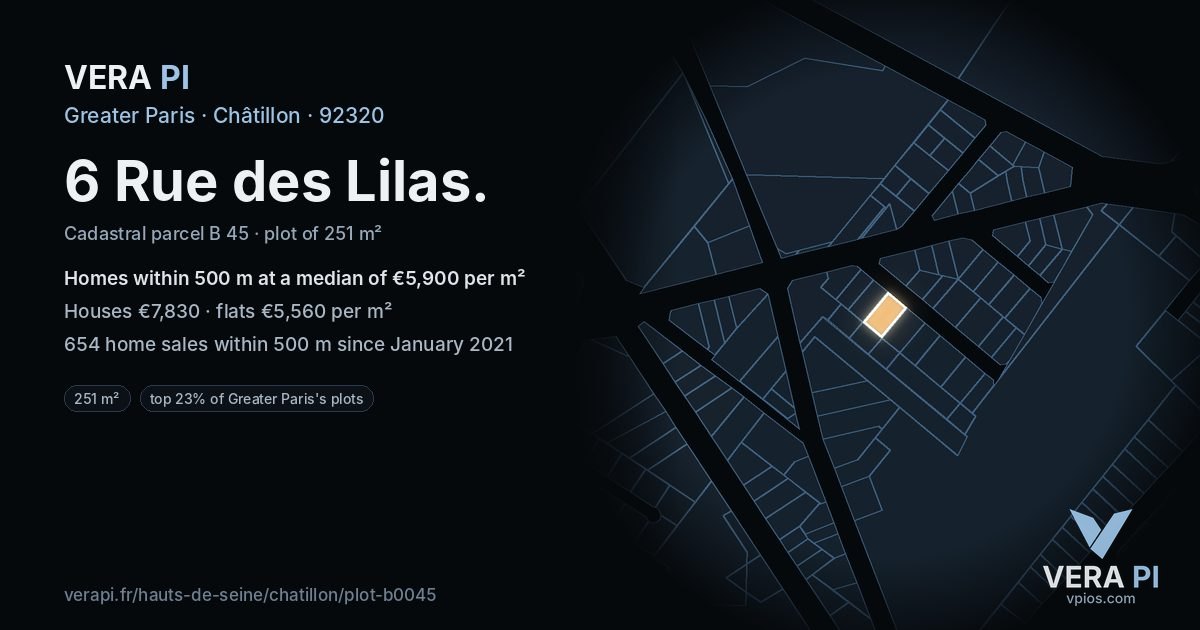 6 Rue des Lilas, Châtillon at night – the plot lit, the parcels around coloured by the prices near them