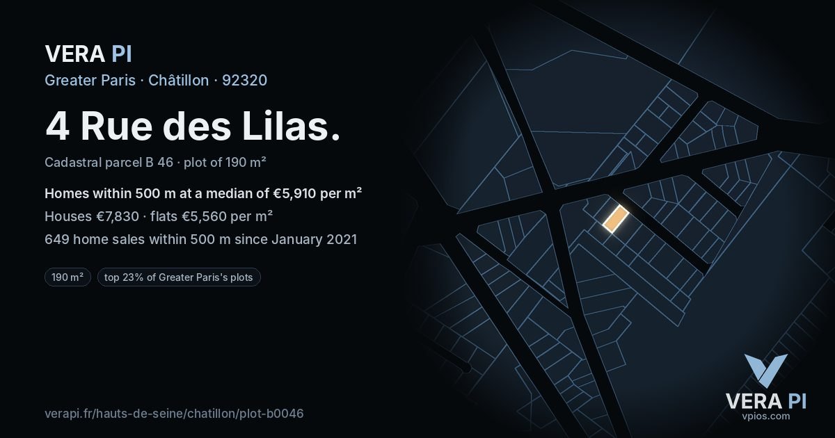 4 Rue des Lilas, Châtillon at night – the plot lit, the parcels around coloured by the prices near them
