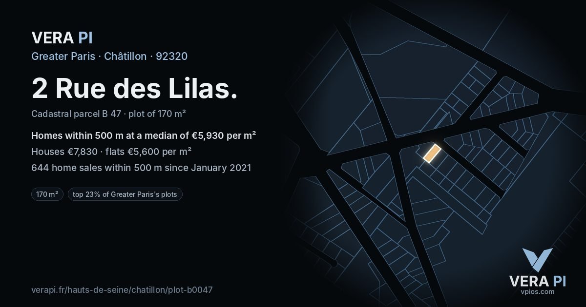 2 Rue des Lilas, Châtillon at night – the plot lit, the parcels around coloured by the prices near them