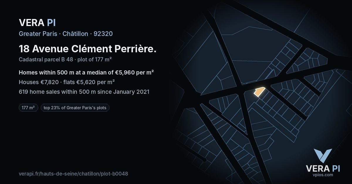 18 Avenue Clément Perrière, Châtillon at night – the plot lit, the parcels around coloured by the prices near them