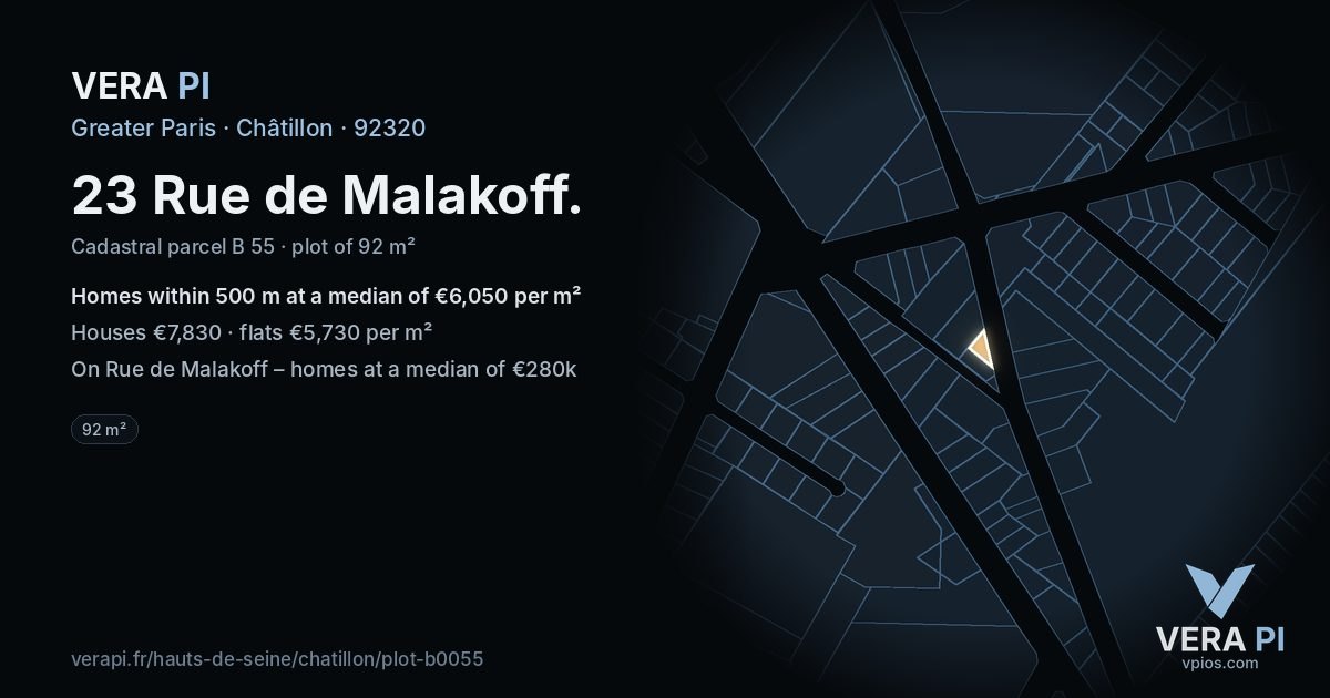 23 Rue de Malakoff, Châtillon at night – the plot lit, the parcels around coloured by the prices near them